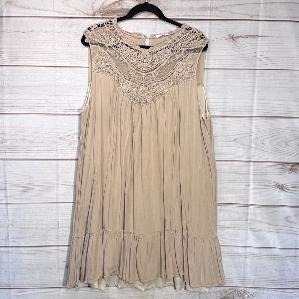 Chic Soul Tan Beige Crochet Lace Yoke Tiered Ruffle Mini Dress 3XL Boho Festival